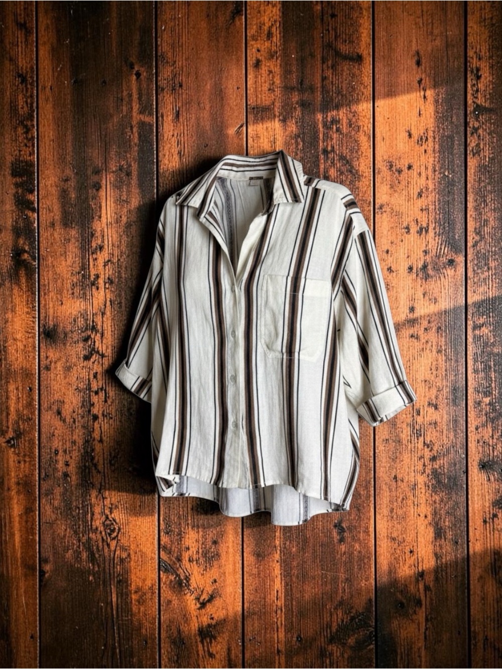 Magaschoni 100% Linen Striped Tunic Shirt M Relaxed Fit Fall Layering